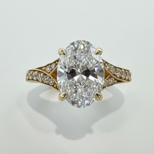 10K gold lab diamond ring 3CT oval center stone with accent stones front view ethical sustainable
