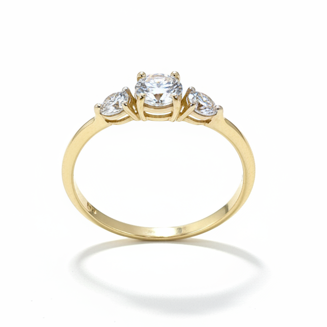 10K gold moissanite ring 0.27CT center stone with accent stones three stone design front view
