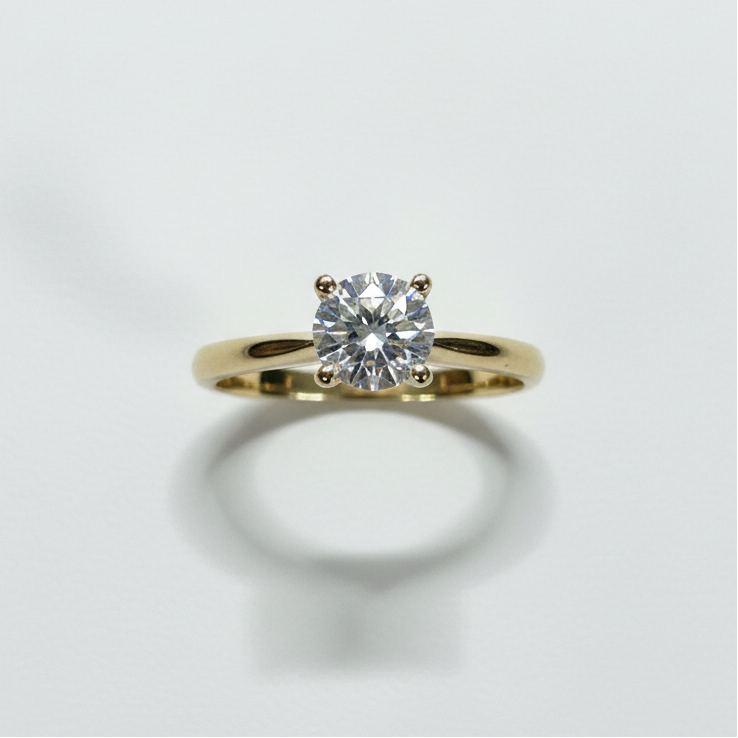 10K gold moissanite ring top view showing moissanite sparkle expert craftsmanship
