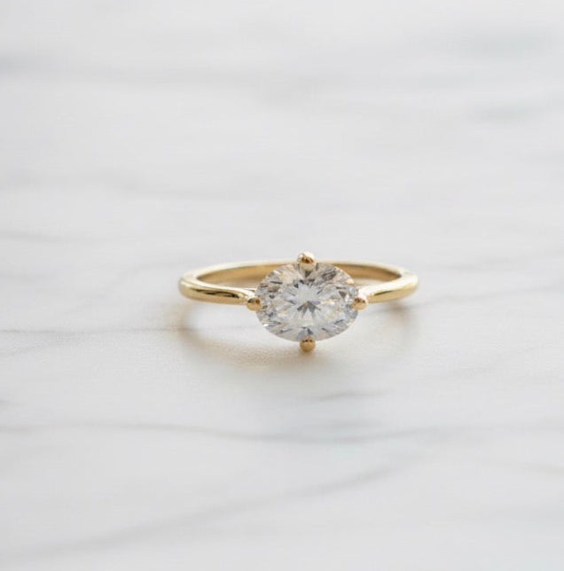 10K gold oval moissanite ring 1.8CT horizontal east-west setting unique design exceptional brilliance
