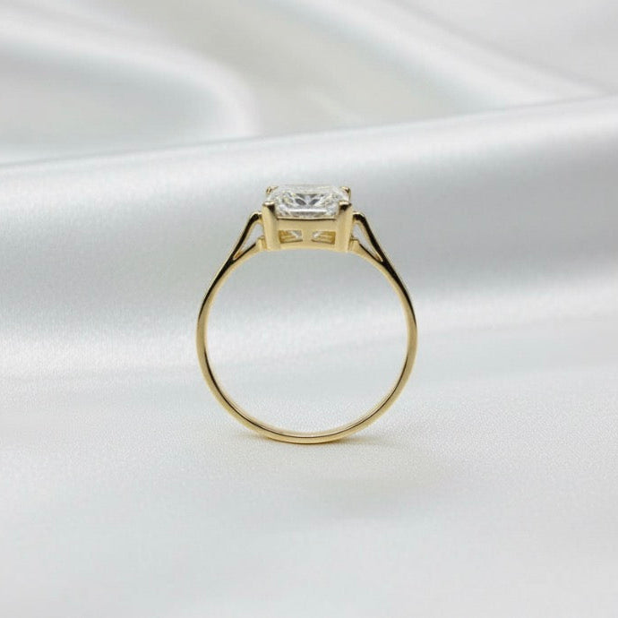 10K gold radiant moissanite ring showing radiant cut sparkle expert craftsmanship
