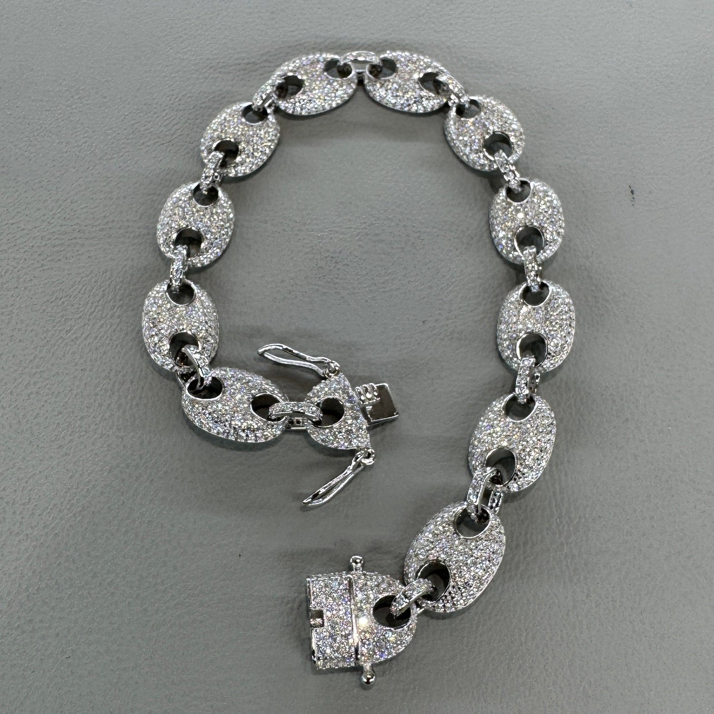 Sterling silver coffee bean link bracelet with moissanite 8 inch unique nature-inspired design
