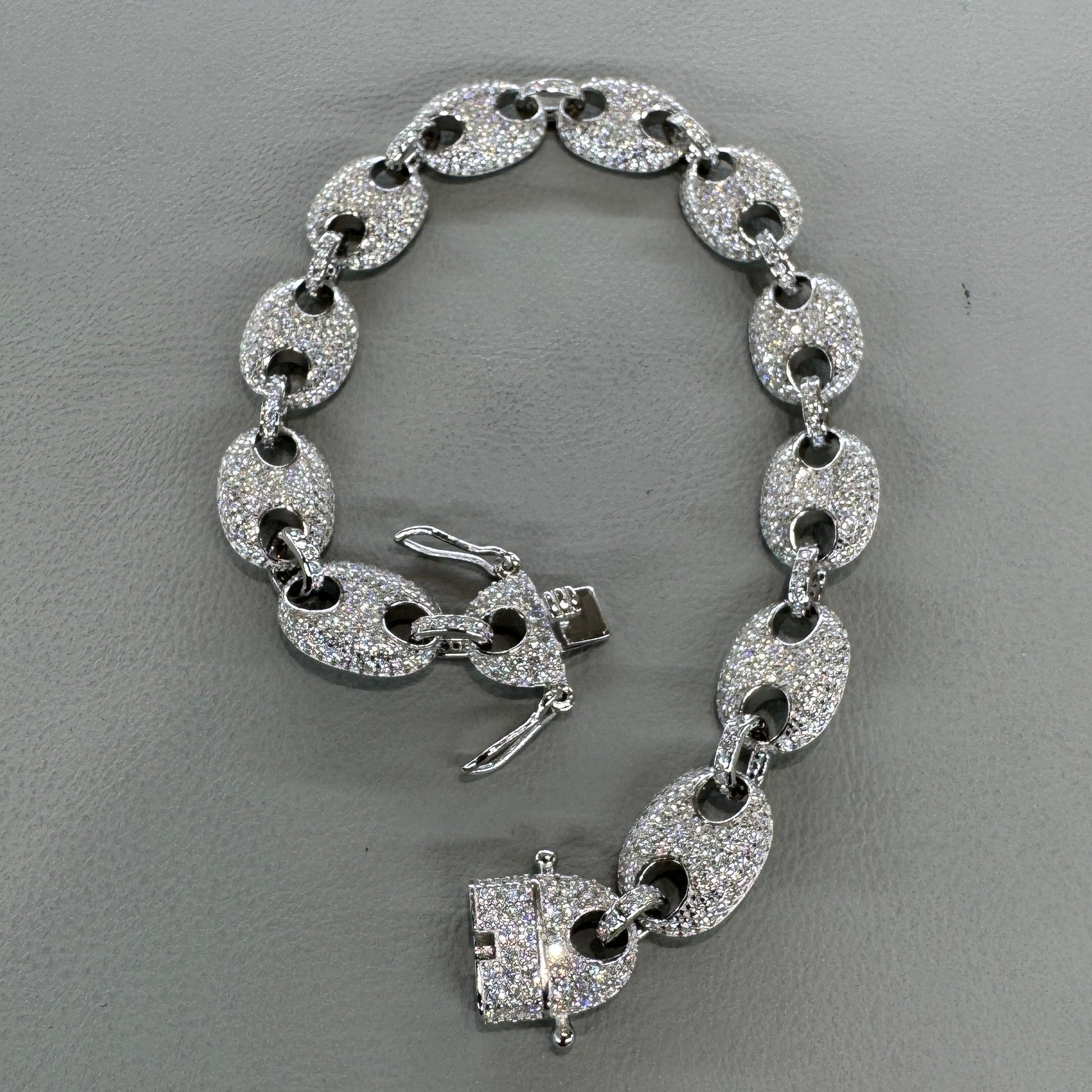 Sterling silver coffee bean link bracelet with moissanite 8 inch unique nature-inspired design
