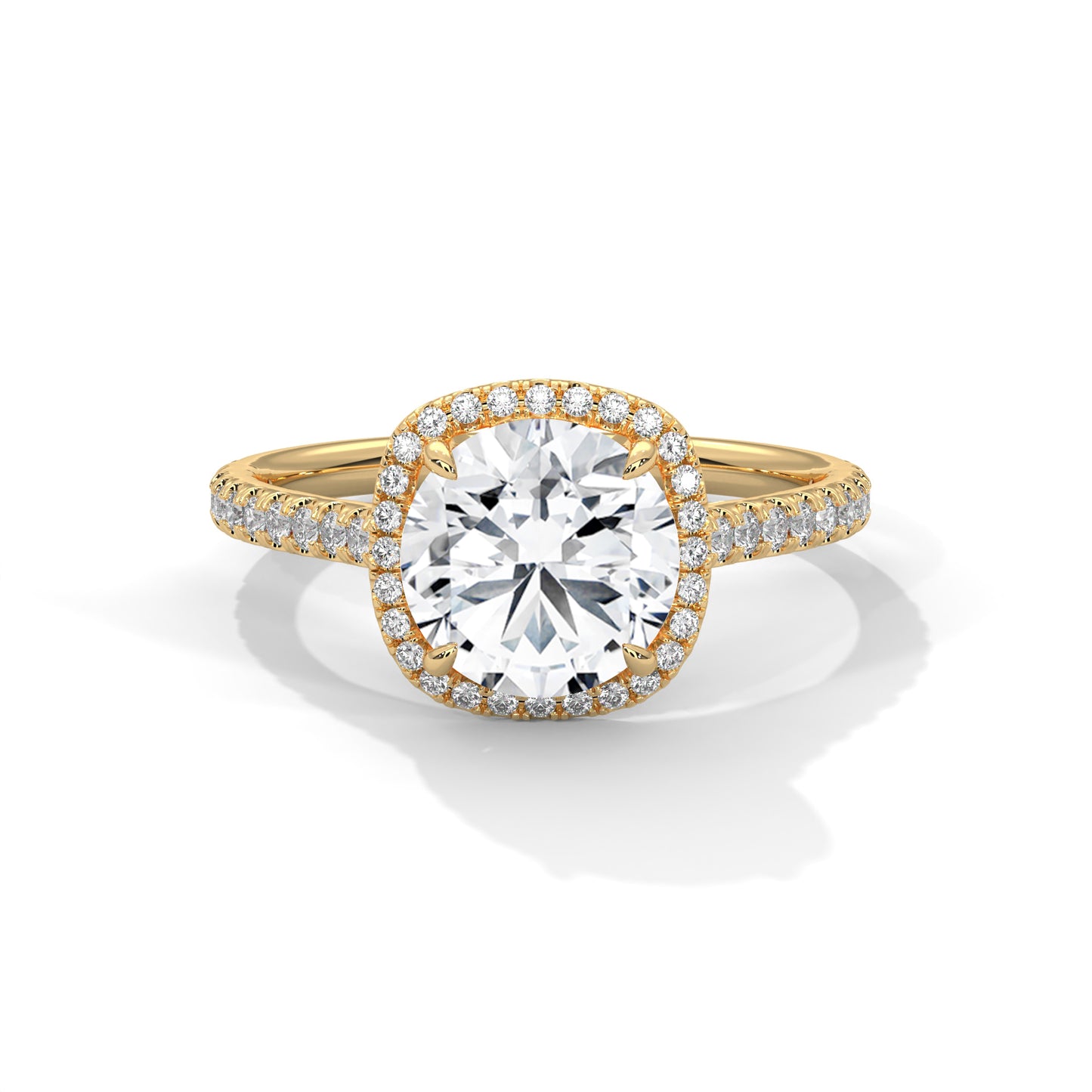 Round Engagement Ring with Cushion Halo and Pavé Band DM-005
