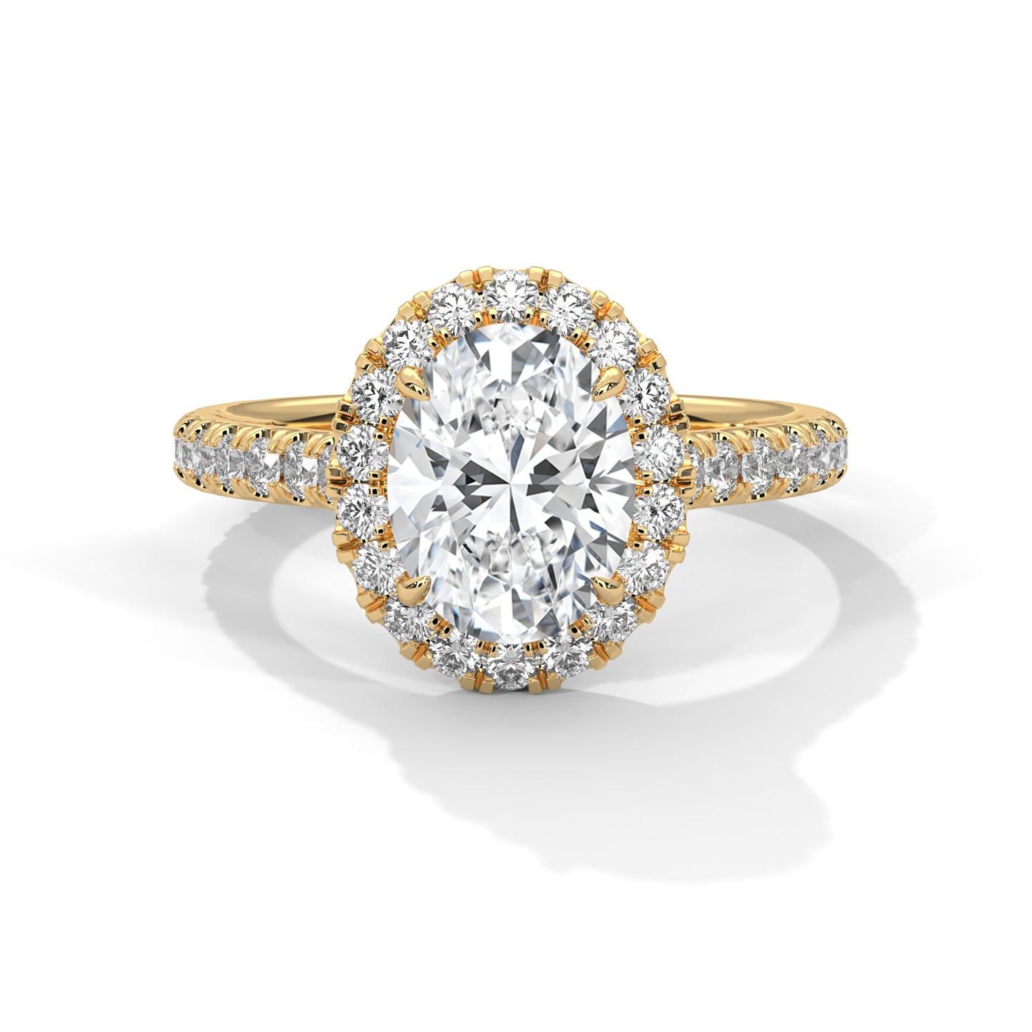 2 carat Oval Halo Pavé Band engagement ring in yellow gold - Bijouterie Del Moral