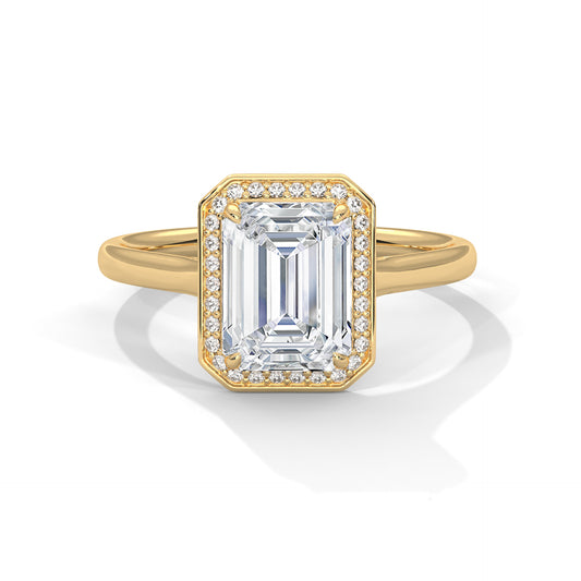 2 carat Emerald Cut Halo engagement ring in yellow gold - Bijouterie Del Moral