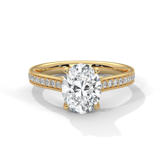 2 carat Oval Solitaire Pavé Band engagement ring in yellow gold - Bijouterie Del Moral