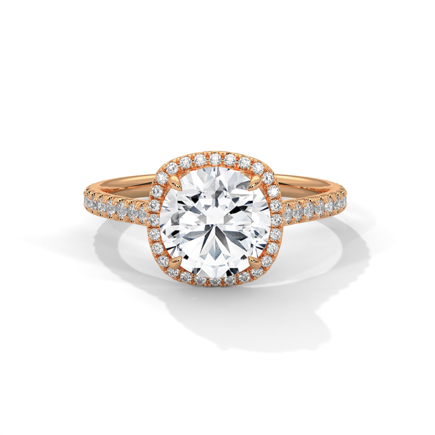 Round Engagement Ring with Cushion Halo and Pavé Band DM-005