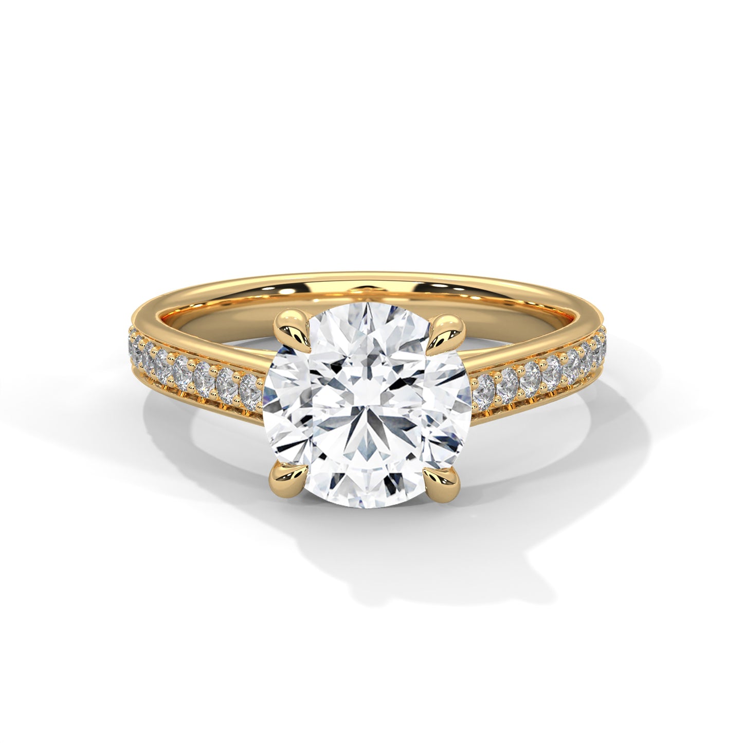 2 carat Cathedral Round Solitaire Pavé engagement ring in yellow gold - Bijouterie Del Moral