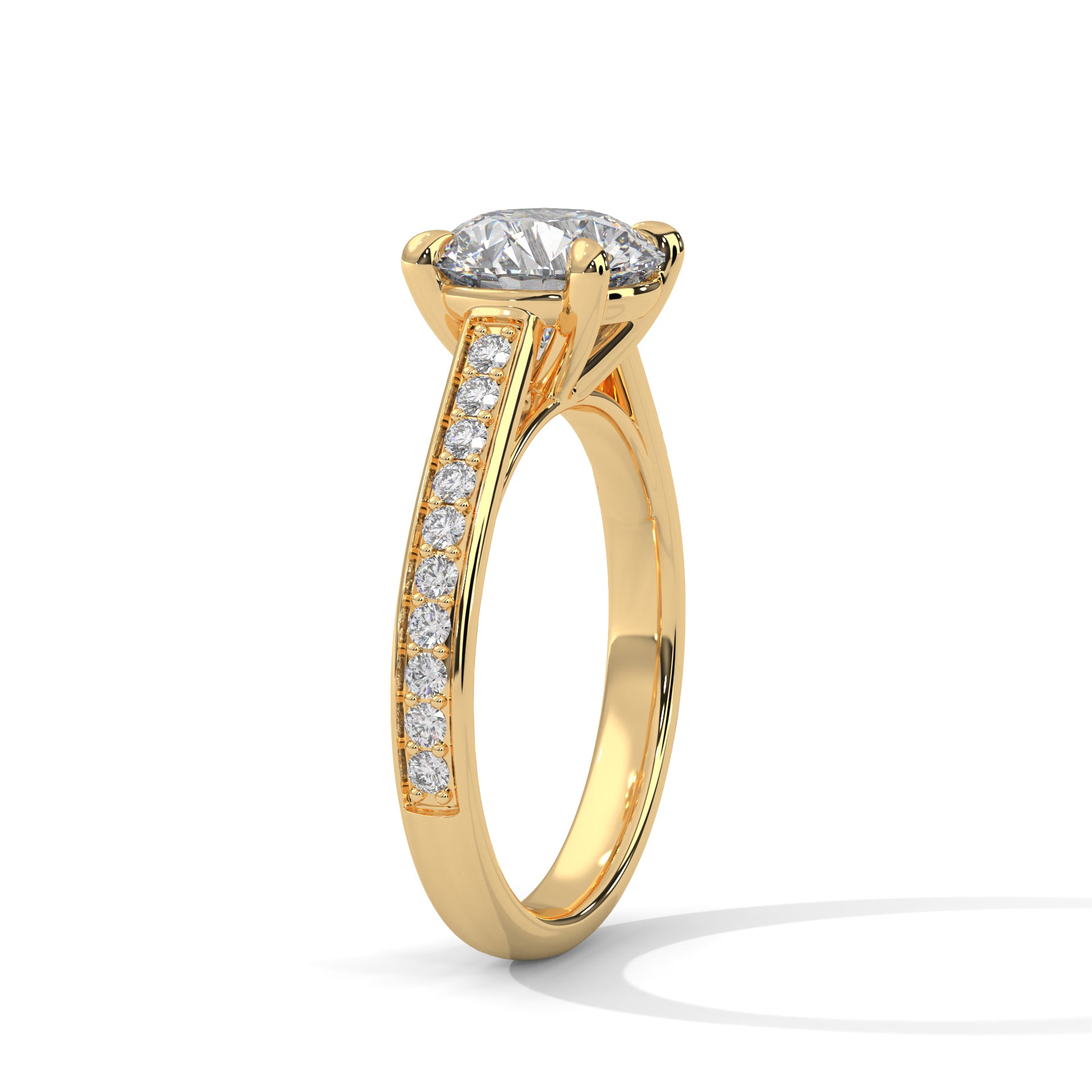 2 carat Cathedral Round Solitaire Pavé engagement ring in yellow gold - Bijouterie Del Moral (view 3)