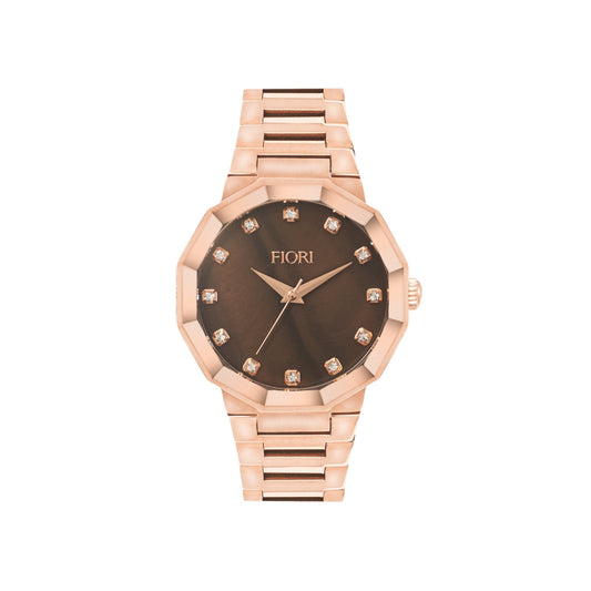Fiori 3897 women's rose gold IP stainless steel watch sapphire crystal 32mm brown mother-of-pearl dial