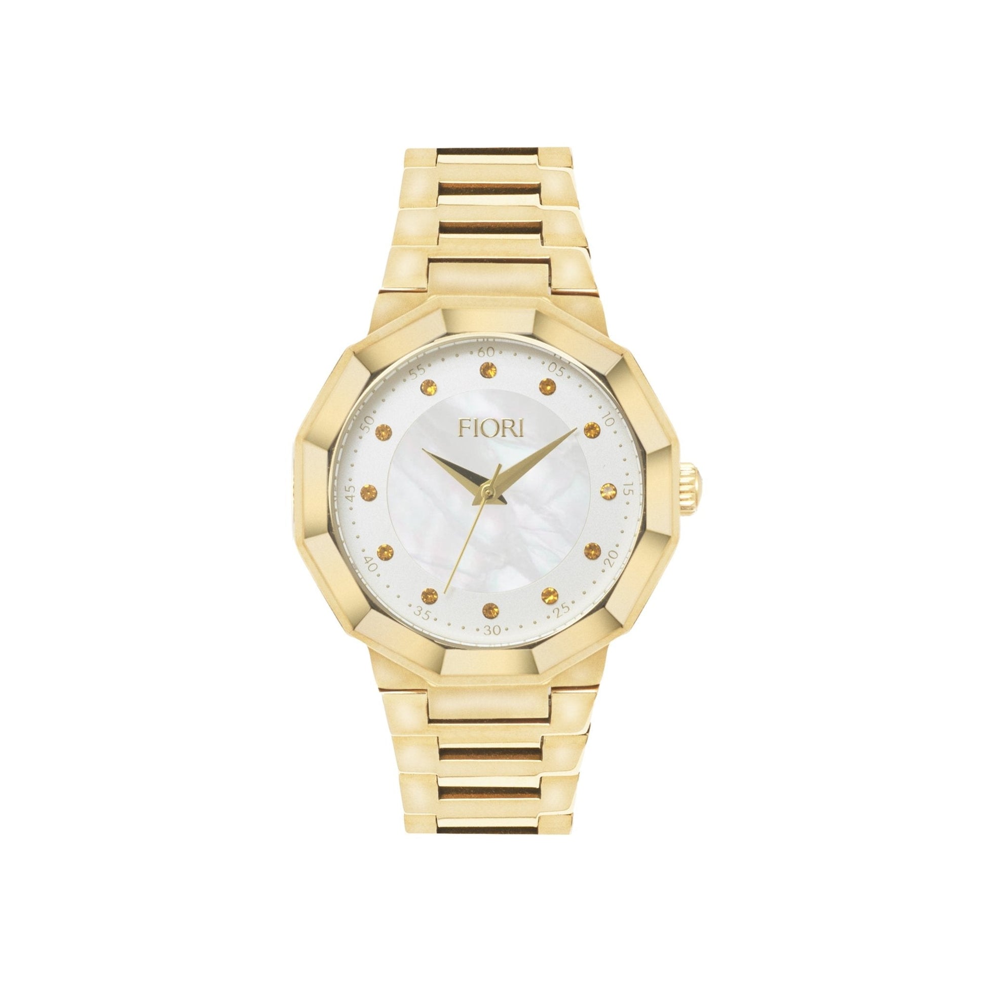 Fiori 3898 women's rose gold IP stainless steel watch sapphire crystal 32mm white mother-of-pearl dial gold stones
