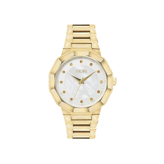 Fiori 3898 women's rose gold IP stainless steel watch sapphire crystal 32mm white mother-of-pearl dial gold stones
