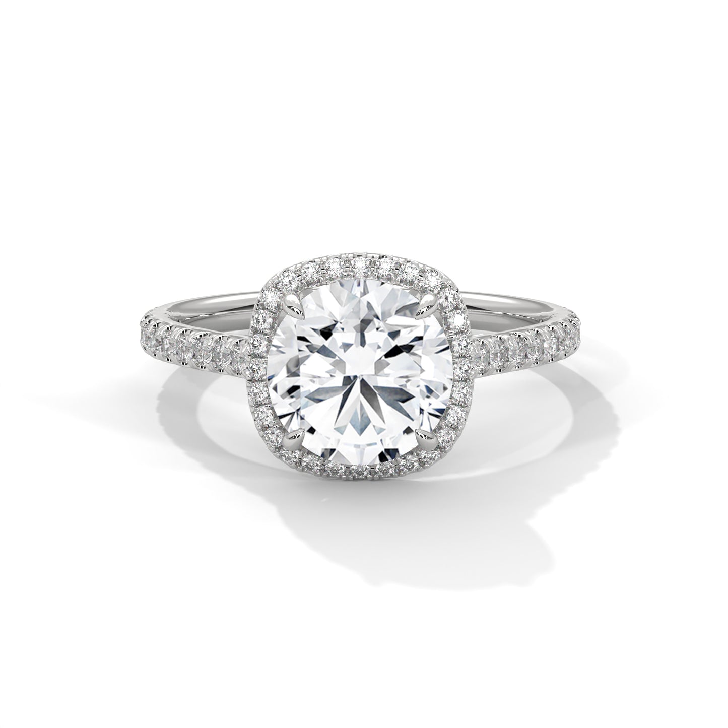 Round Engagement Ring with Cushion Halo and Pavé Band DM-005