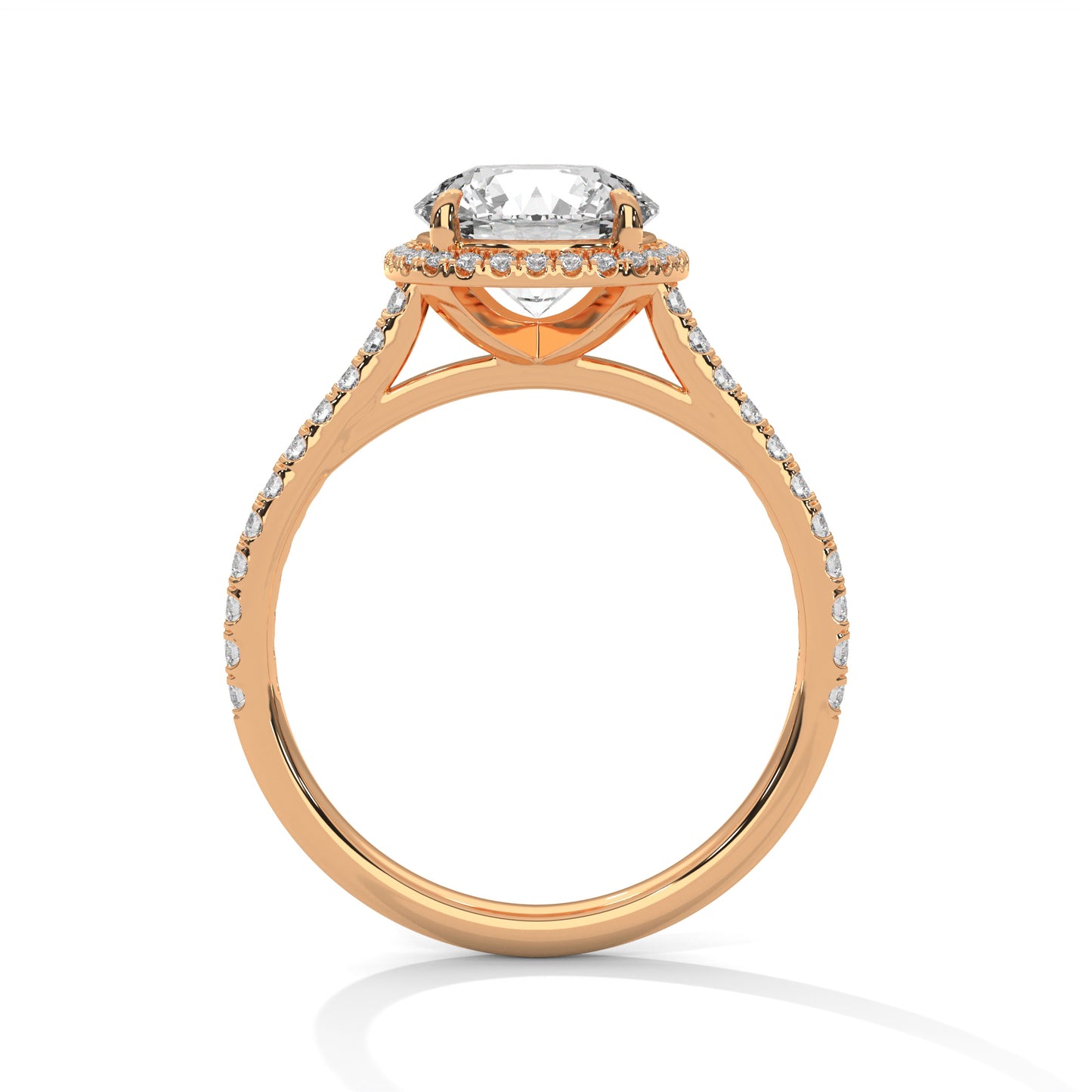 Round Engagement Ring with Cushion Halo and Pavé Band DM-005