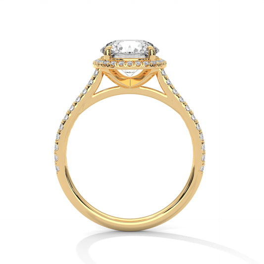 Round Engagement Ring with Cushion Halo and Pavé Band DM-005