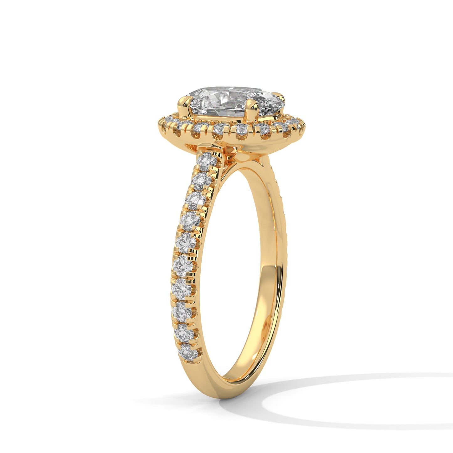 2 carat Oval Halo Pavé Band engagement ring in yellow gold - Bijouterie Del Moral (view 3)