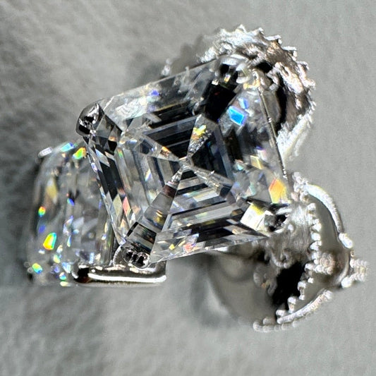 5mm square moissanite studs detail showing geometric cut sterling silver rhodium plated contemporary design
