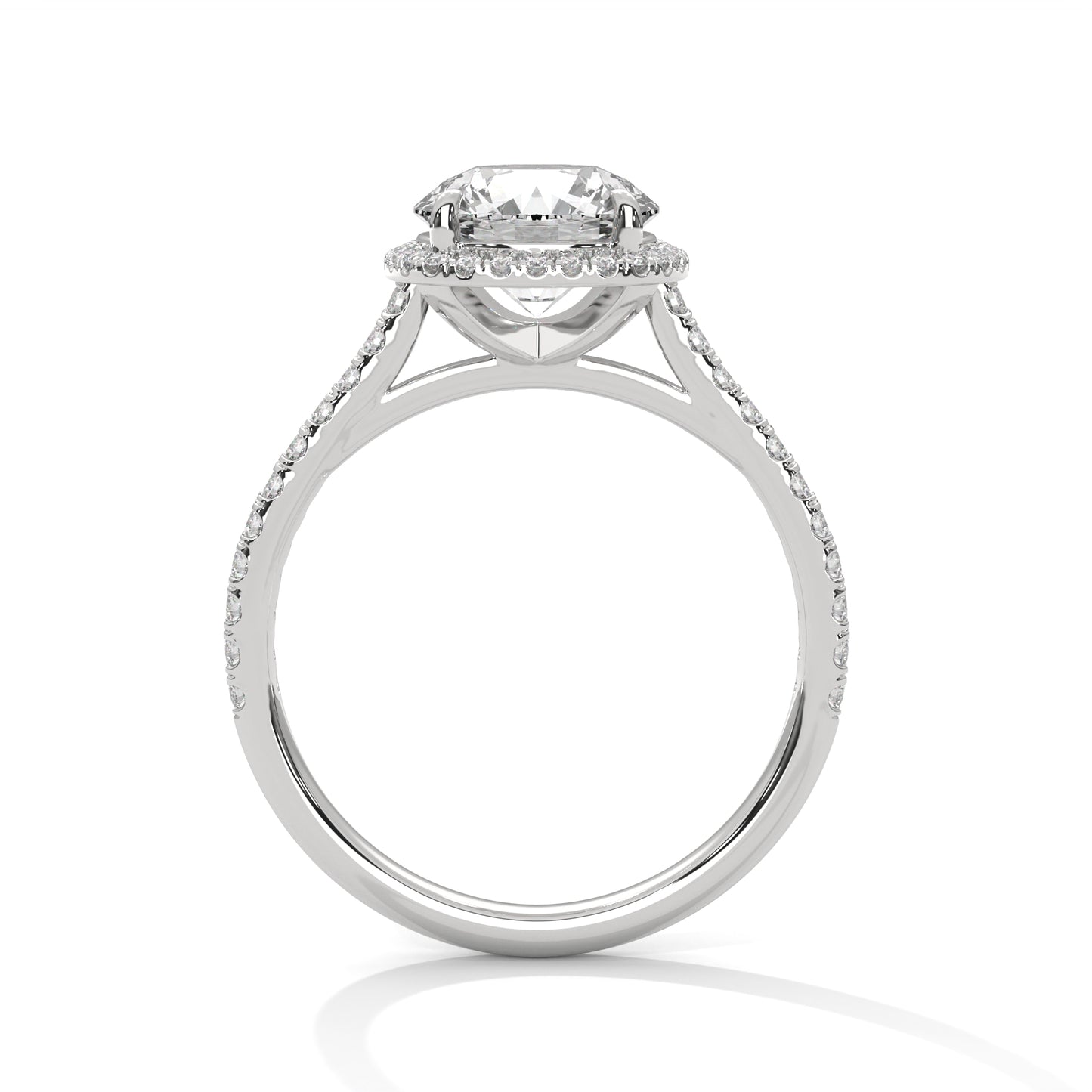 Round Engagement Ring with Cushion Halo and Pavé Band DM-005