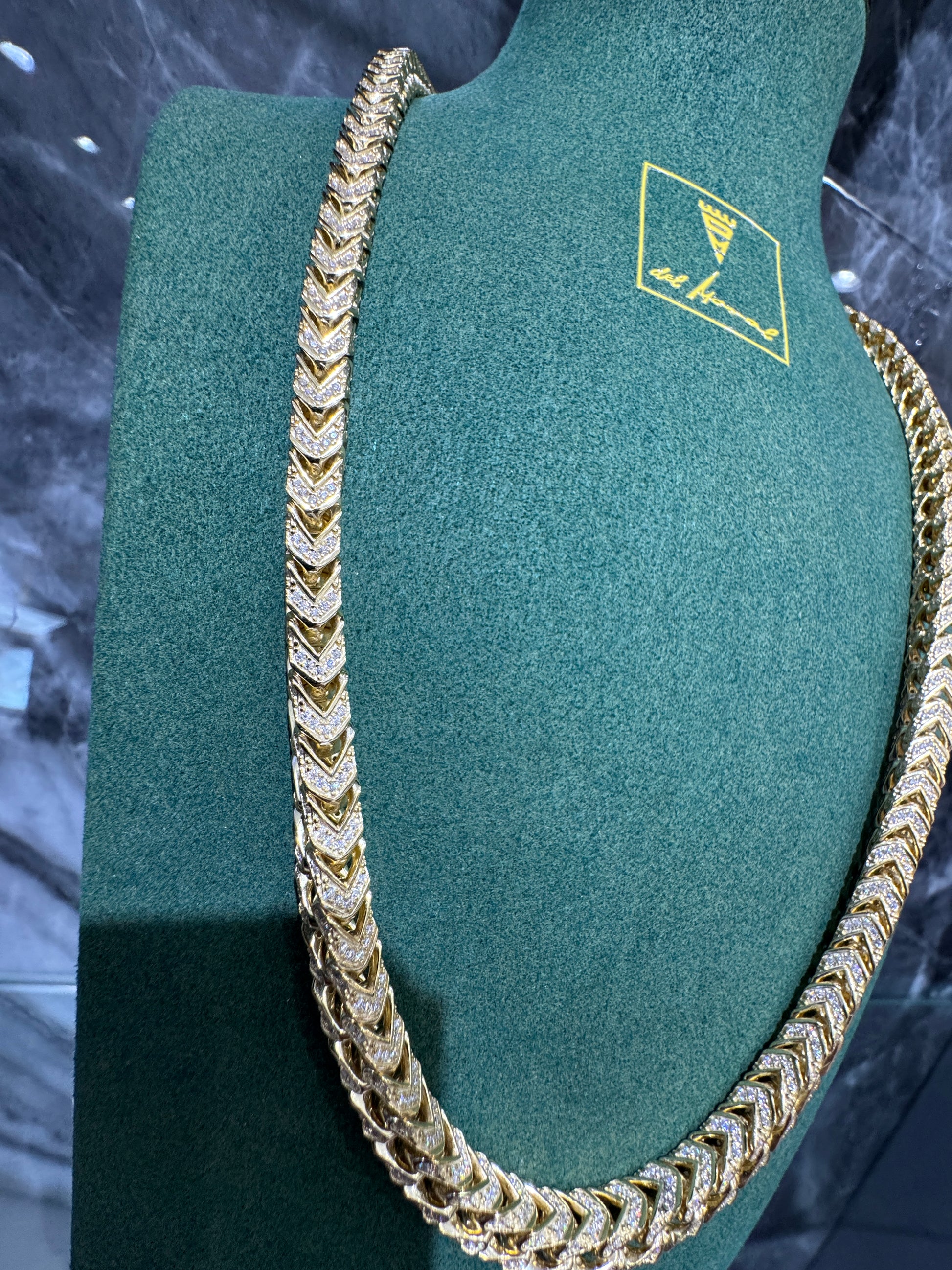 6mm Franco chain detail showing gold overlay and fully iced moissanite stones brilliant sparkle
