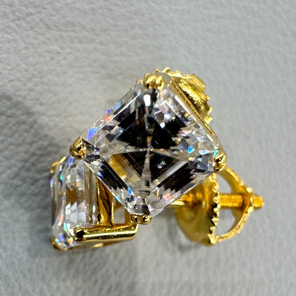 6mm square moissanite studs detail showing geometric cut sterling silver gold overlay contemporary design
