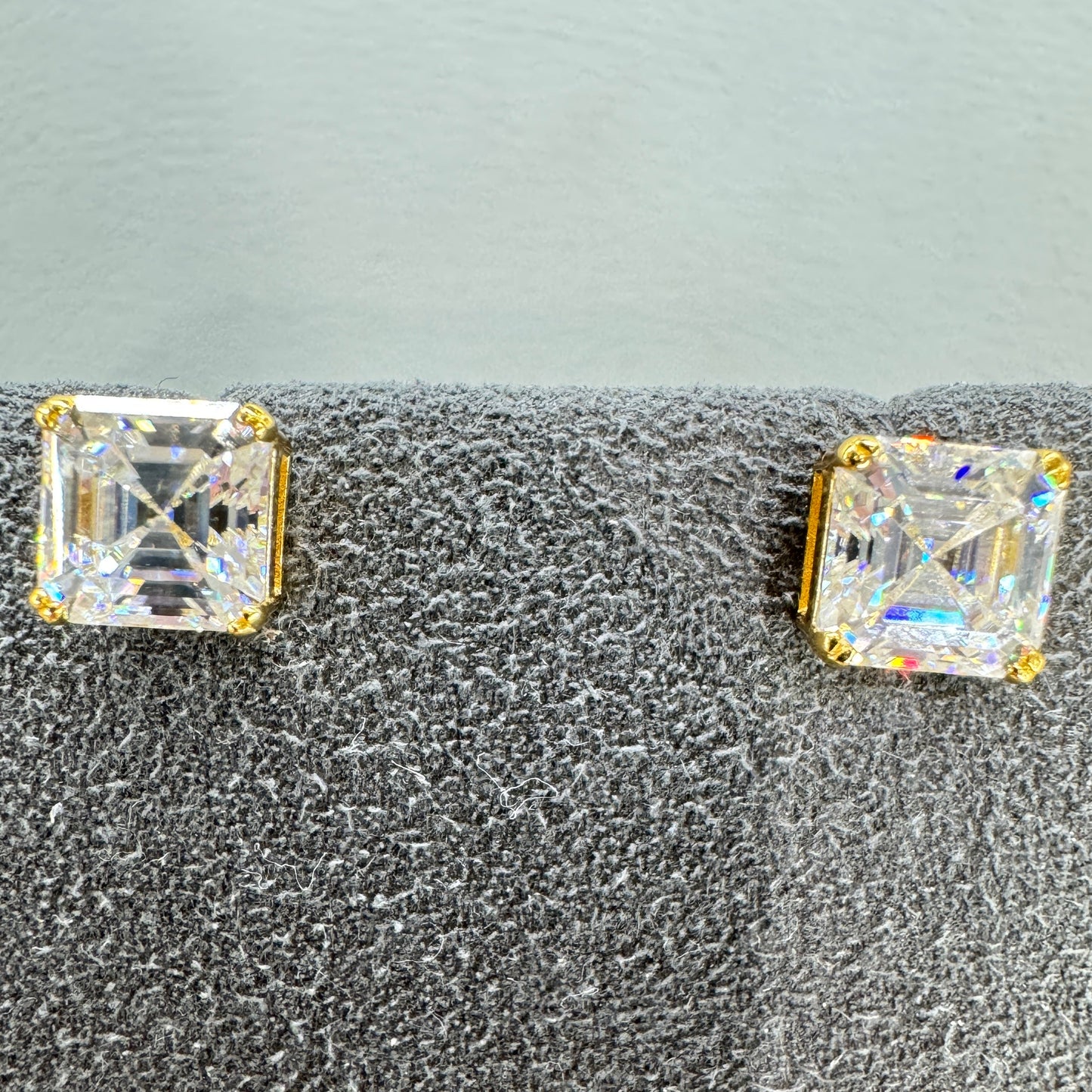 6mm square stud moissanite earrings sterling silver gold overlay modern princess cut 1 carat equivalent
