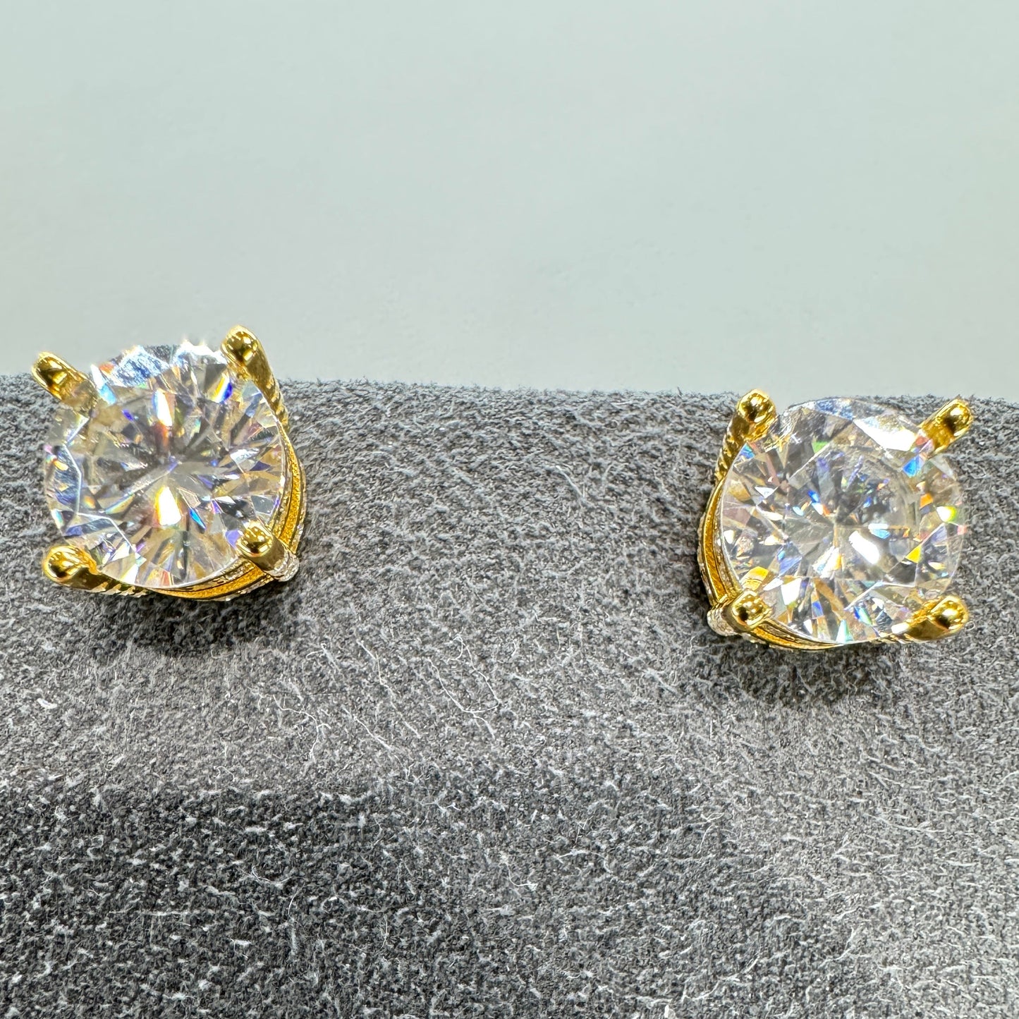 7.5mm moissanite stud earrings with accent stones sterling silver gold overlay brilliant sparkle 1.5 carat equivalent halo effect
