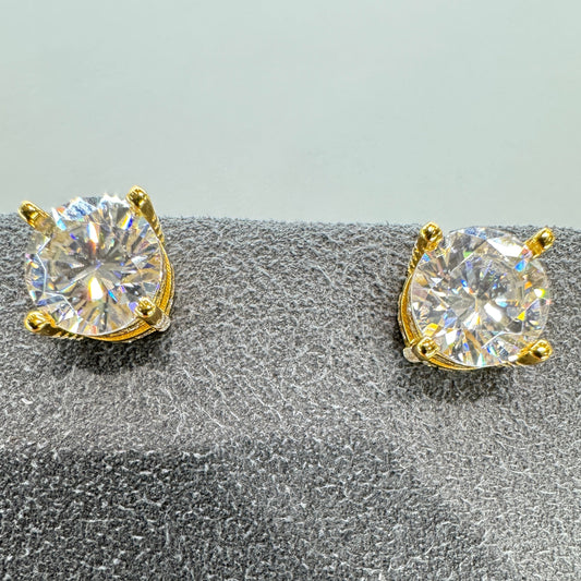 7.5mm moissanite stud earrings with accent stones sterling silver gold overlay brilliant sparkle 1.5 carat equivalent halo effect
