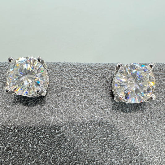7.5mm moissanite stud earrings with accent stones sterling silver rhodium plated brilliant sparkle 1.5 carat equivalent halo effect
