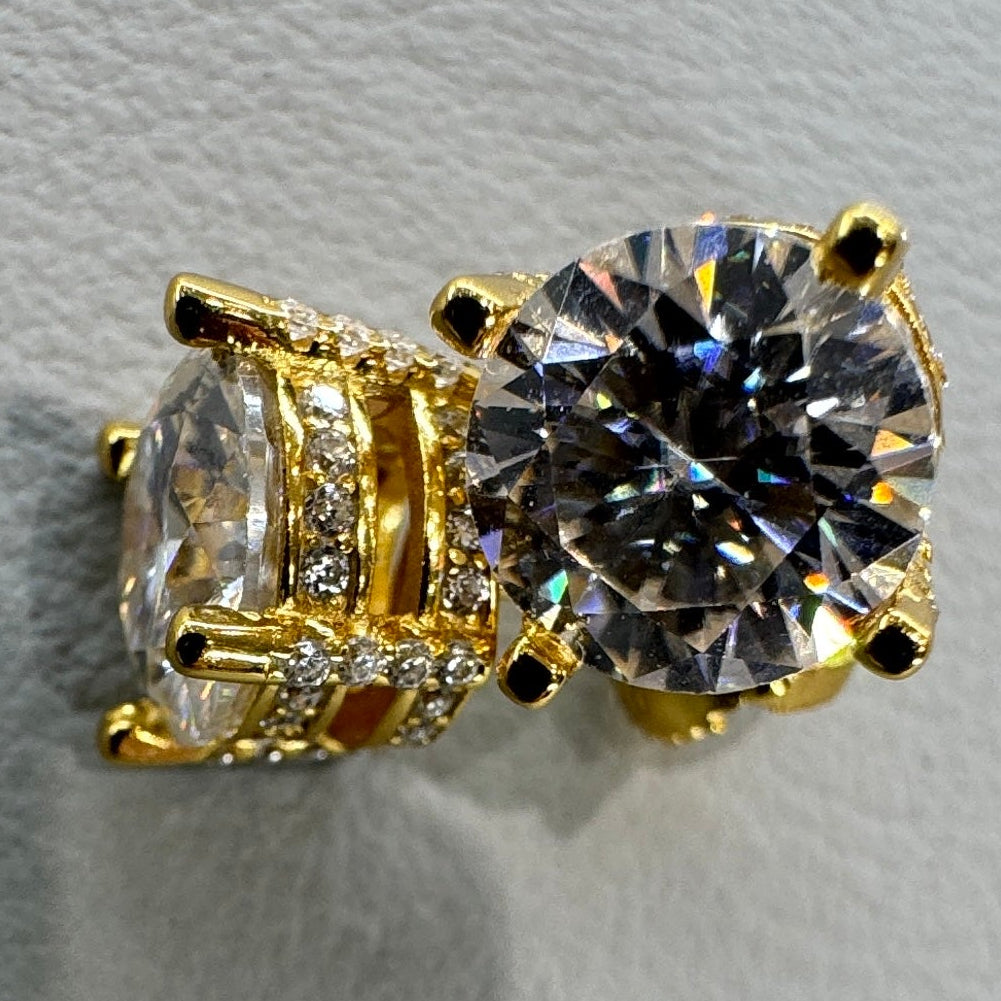 7.5mm moissanite studs detail showing accent stones halo design sterling silver gold overlay luxurious finish
