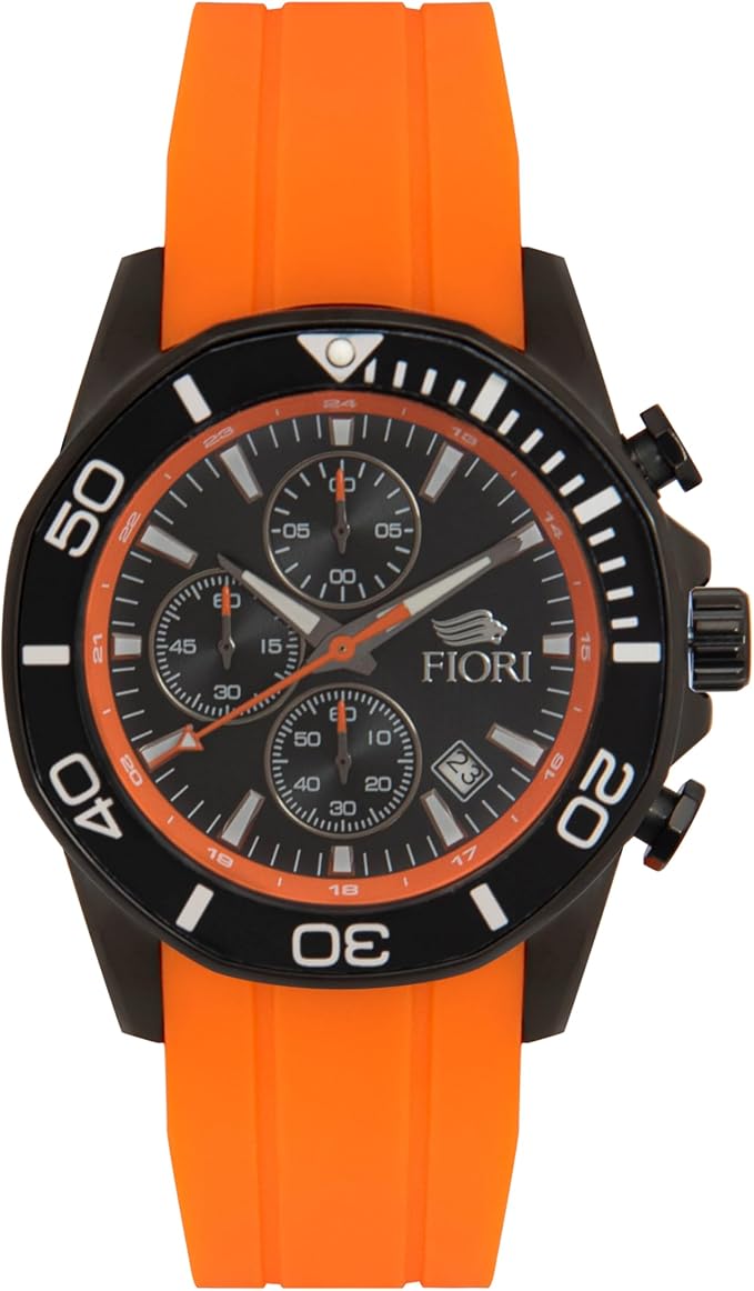 Montre Fiori chronographe avec couronnes visée pour hommes en acier inoxydable et avec bracelet en silicone #3841 Montre