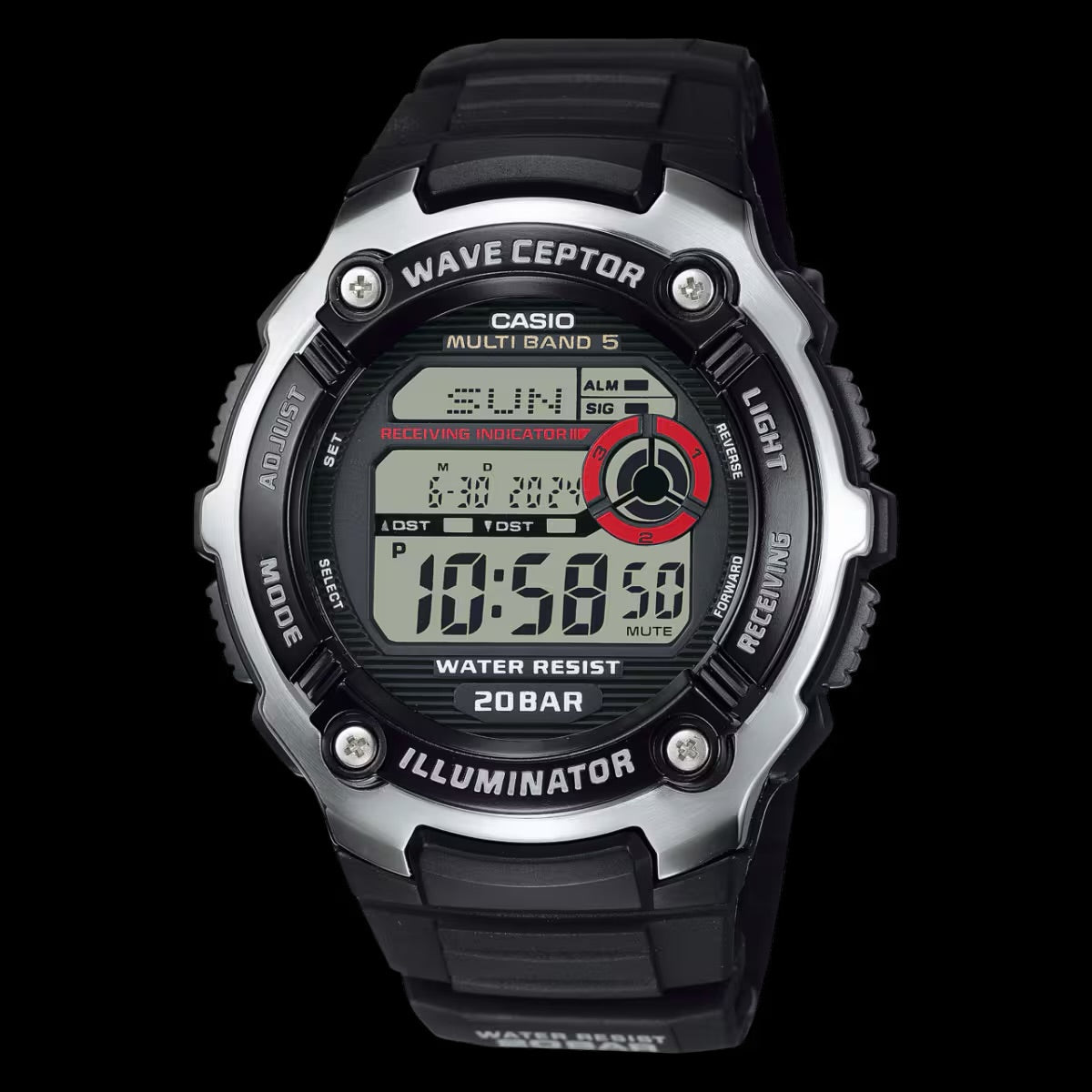 Montre numérique Casio WV-200A-1AV en résine noire avec chronométrage atomique