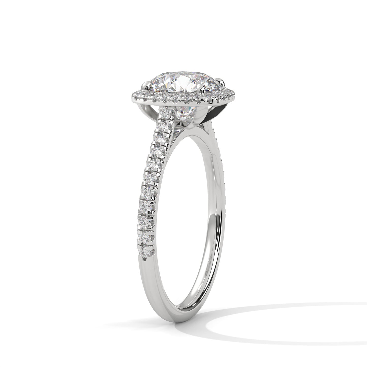 Round Engagement Ring with Cushion Halo and Pavé Band DM-005