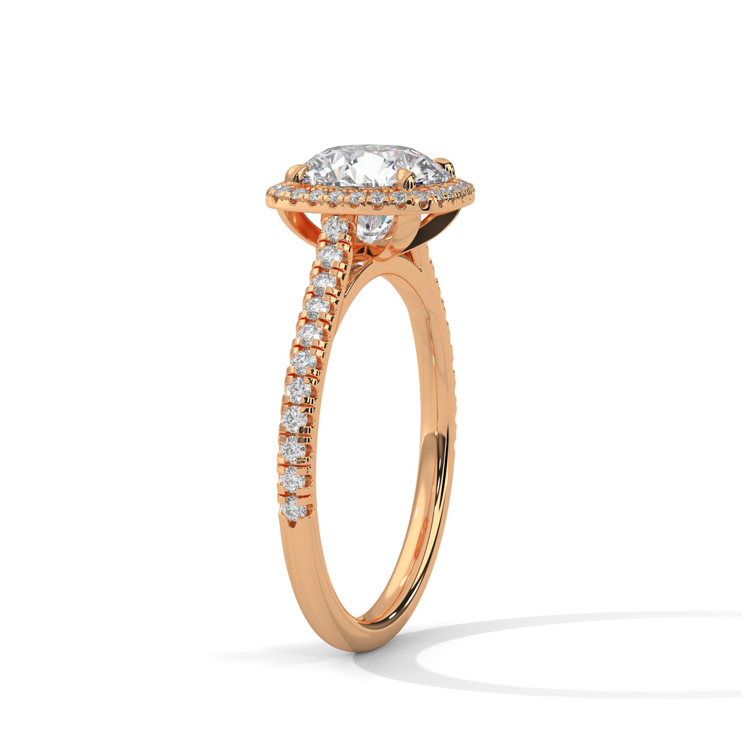 Round Engagement Ring with Cushion Halo and Pavé Band DM-005