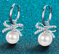 Pearl Bow Moissanite Drop Earrings - 925 Sterling Silver (AZ491-E)