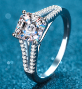 Princess-Cut Moissanite Ring with Split Shank - 925 Sterling Silver (AZ550-J)