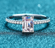 Emerald-Cut Moissanite Ring with Split Shank - 925 Sterling Silver (AZ569-J)