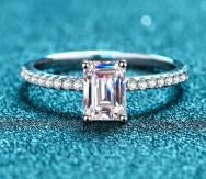 Emerald-Cut Moissanite Ring with Split Shank - 925 Sterling Silver (AZ569-J)