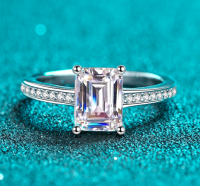 Emerald-Cut Moissanite Ring with Pave Band - 925 Sterling Silver (AZ587-J)