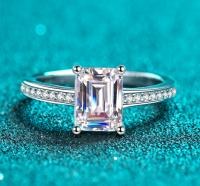 Emerald-Cut Moissanite Ring with Pavé Band - 925 Sterling Silver (AZ587-J)