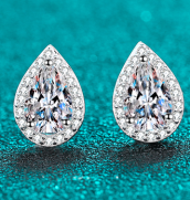Pear Halo Moissanite Stud Earrings - 925 Sterling Silver (AZ602-E)