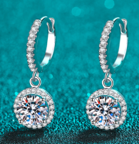 Moissanite Halo Drop Earrings - 925 Sterling Silver (AZ650-E)