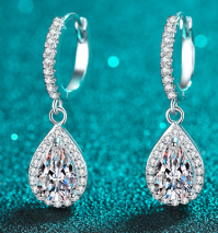 Teardrop Halo Moissanite Drop Earrings - 925 Sterling Silver (AZ654-E)