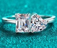 Emerald-Cut Moissanite Ring with Pear Accent - 925 Sterling Silver (AZ805-J)
