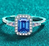 Blue Emerald-Cut Moissanite Halo Ring - 925 Sterling Silver (AZ867-J)