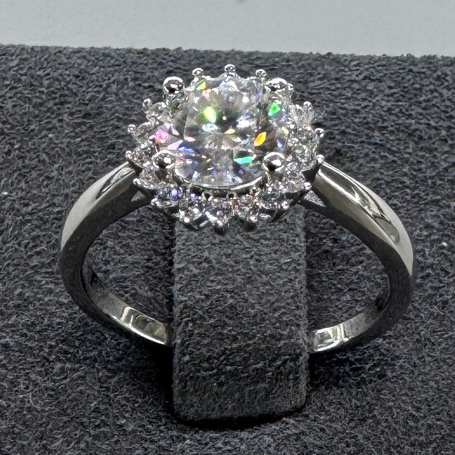Sterling silver moissanite ring AZ012-J brilliant sparkle elegant design front view
