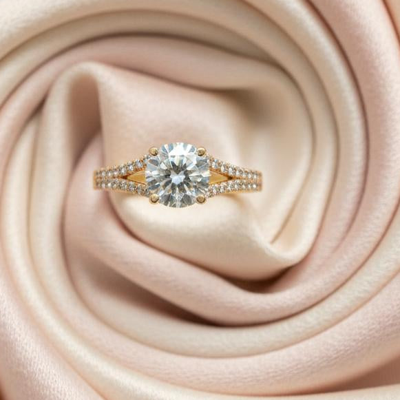 10K gold moissanite ring side view showing center stones setting luxurious finish

