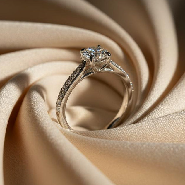 10K gold moissanite ring detail showing moissanite sparkle expert craftsmanship
