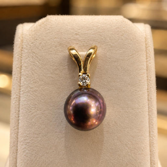 10K Gold Black Pearl Pendant with Natural Diamond 0.03CT - DMN10PD003