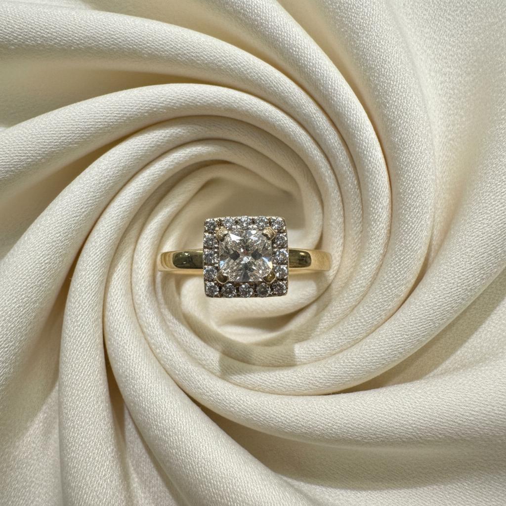 14K gold diamond ring side view showing diamond setting luxurious finish
